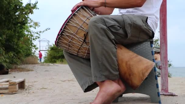 Man Plays African Djembe Drum Blue Sky Creativity Rest Relaxation — Stock Video