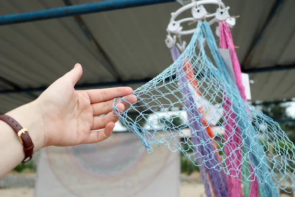 Vendendo Saco Ecológico Colorido Mercado Praia Sem Desperdício Estilo Vida — Fotografia de Stock