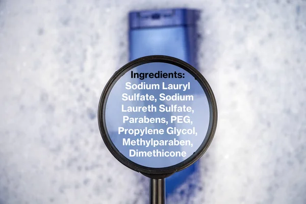 Chemical components on the shampoo label:  Sodium Lauryl Sulfate (sls, sles). A hand holds a blue jar and a magnifier, where the harmful ingredients of a detergent are written in close up.