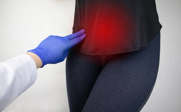 Woman Suffers Pain Pelvic Organs Gynecologist Examines Patient Painful Location — Stock Photo, Image