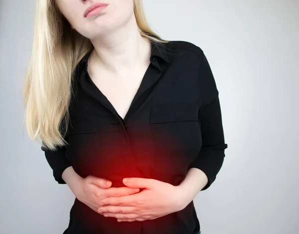 Woman Holds His Stomach Pain Abdominal Cavity Concept Diseases Stomach — Stock Photo, Image