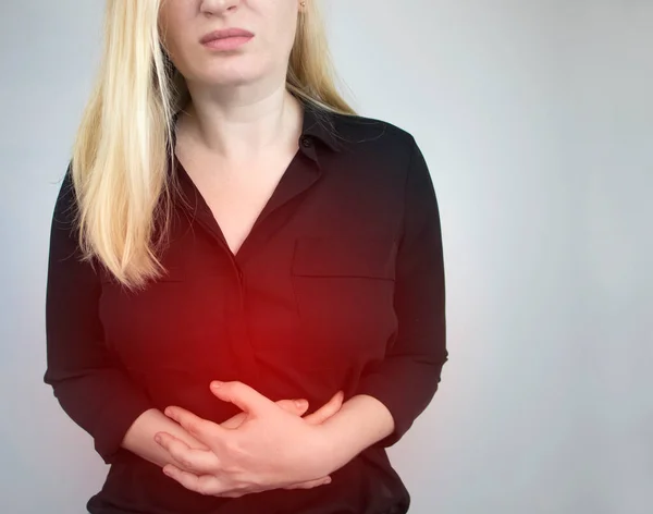 Woman Holds His Stomach Pain Abdominal Cavity Concept Diseases Stomach — Stock Photo, Image