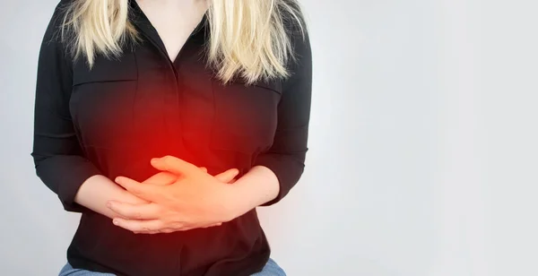 Woman Holds His Stomach Pain Abdominal Cavity Concept Diseases Stomach — Stock Photo, Image