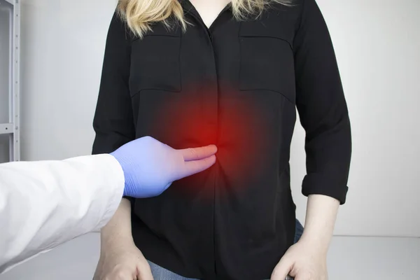 Woman Holds His Stomach Pain Abdominal Cavity Concept Diseases Stomach — Stock Photo, Image