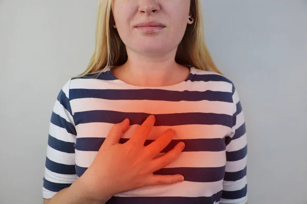 Woman Grabs His Chest Region Heart Heart Attack Chest Pain — Stock Photo, Image