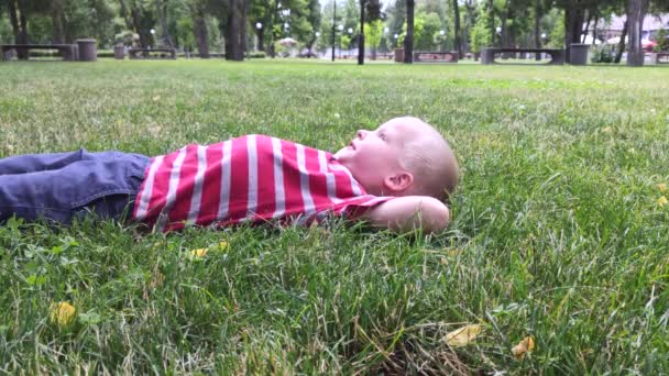 Щасливий Хлопчик Лежить Траві Погладжуючи Дивлячись Небо Іноді Щось Каже — стокове відео