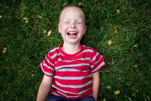 Niño Feliz Yace Hierba Acariciándola Mirando Cielo Veces Algo Dice — Foto de Stock