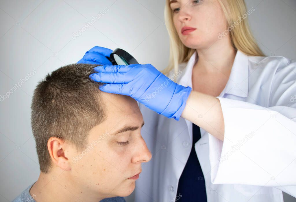 A trichologist examines the hair of a man who begins alopecia. Consultation with a dermatologist. Hair loss, alopecia, pruritus, burning head or seborrhea