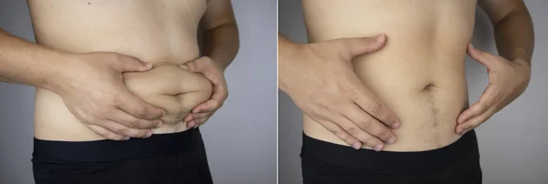 Man Shows Results Work Body Thick Thin Waist Photo Left — Stock Photo, Image
