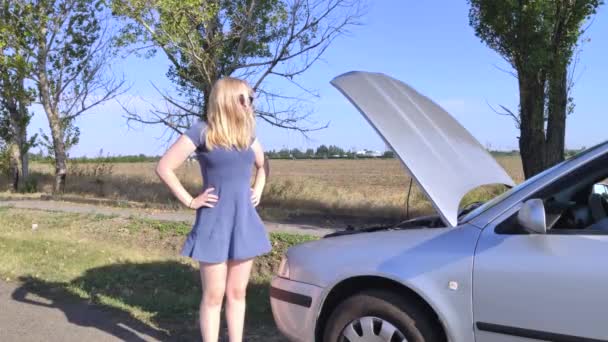 Blonde Blue Sundress Votes Road Her Car Open Bonnet Indicates — Stock Video