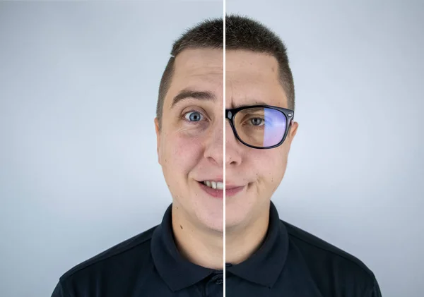 Homem Com Óculos Antes Depois Uma Metade Rosto Feliz Sem — Fotografia de Stock