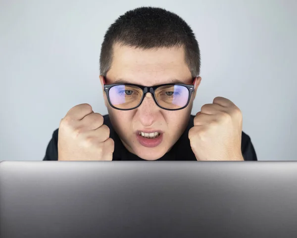 Man Looks Laptop Gets Angry Annoyed What Saw Expressing Emotions Stock Image