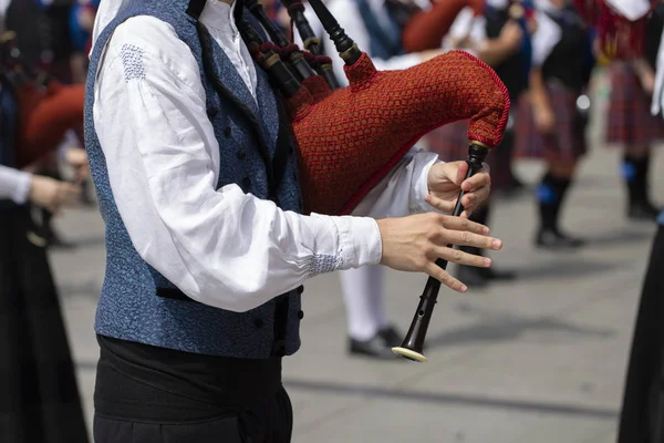 Man Playing Bagpipe Spanish Traditional Pipe Band — Stock Photo, Image