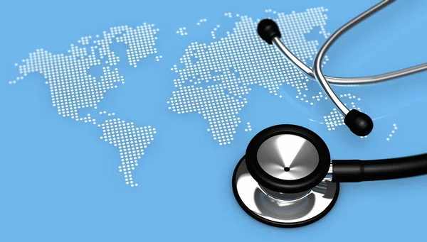 International health and global healthcare concept with a medical stethoscope and a dotted world map on background 3D illustration.