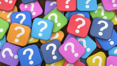 Soru işareti simgesi ve birçok renkli rozet, müşteri soruları ve iş faq yardım konsepti üst görünüm arka plan 3D illüstrasyon.