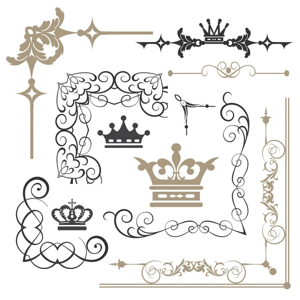 Vintage Design Elements Page Decorations Corner Ornament Calligraphy Swirls Crowns — Stock Vector