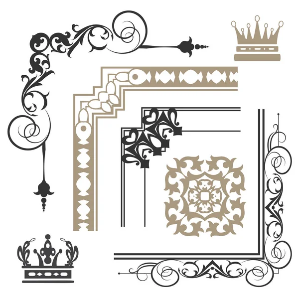 Elementos Diseño Para Decoraciones Página Adornos Esquina Remolinos Caligrafía Coronas — Archivo Imágenes Vectoriales