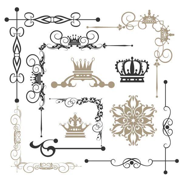 Elementos Decorativos Diseño Ángulo Ornamento Esquina Remolinos Caligrafía Coronas Pergamino — Archivo Imágenes Vectoriales