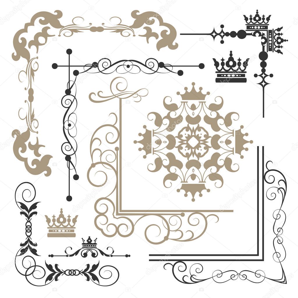 Retro vintage design elements for page decorations - corner ornament, calligraphy swirls, crowns, scroll. Vector image