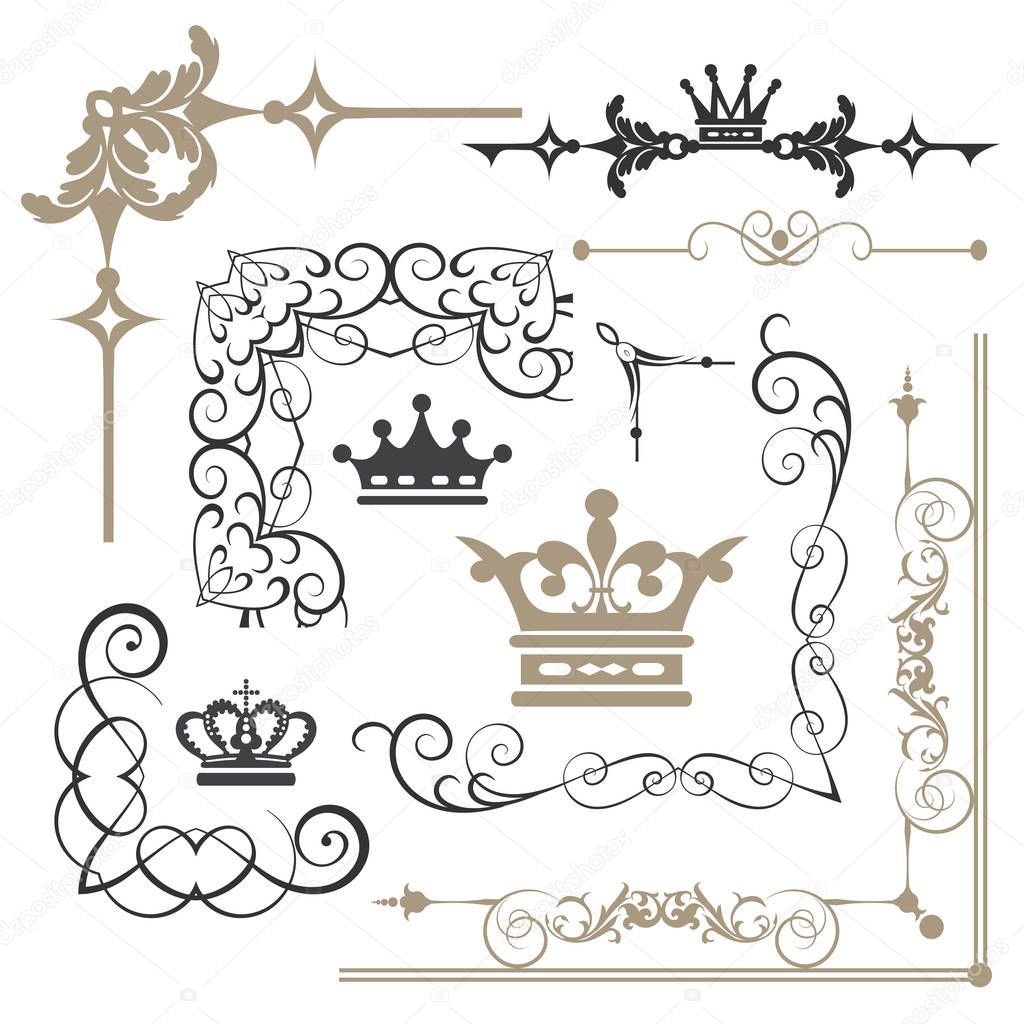 Vintage design elements for page decorations - corner ornament, calligraphy swirls, crowns, scroll
