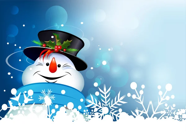 Рождественская Открытка Счастливый Снеговик Фоне Абстрактного Снежного Фона Векторное Изображение — стоковый вектор