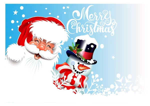 Christmas Card Santa Claus Snowman Blue Background Handwritten Inscription Merry — Stock Vector