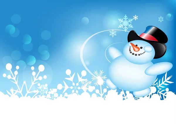 Weihnachten Schneemann Auf Blauem Abstrakten Hintergrund Mit Schneeflocken Weihnachtskarte Retro — Stockvektor