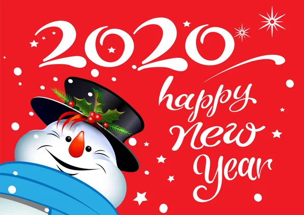 2020 Καλή Πρωτοχρονιά Πανό Για Χριστουγεννιάτικες Διακοπές Χιονάνθρωπο Κόκκινο Φόντο — Διανυσματικό Αρχείο