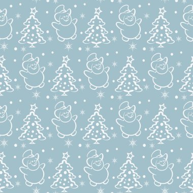 Kardan adam ve ağaçla eski usul Noel deseni. Tekstil tasarım dokusu. Paketleme kağıdı tasarımı. Vektör resmi