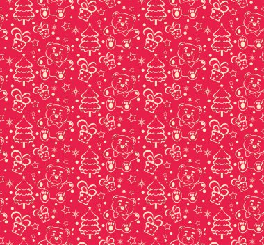 Eski tarz bir Noel şablonu. Noel kutlaması. Paketleme kağıdı tasarımı. Oyuncak ayıyla birlikte temiz bir geçmişi var. Noel ağacı ve kar taneleri. Vektör grafikleri