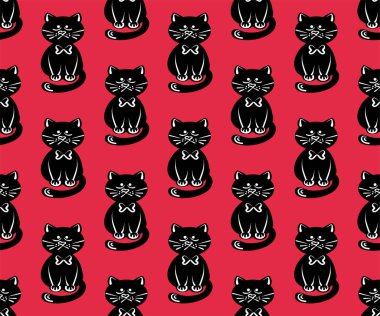 Kırmızı arka planda modern tarzda siyah kedi deseni. Kedi desenli kağıt desenli güzel çizgi film deseni