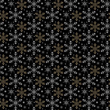 Kar taneleriyle kusursuz bir Noel deseni. Siyah arka planda altın kar taneleri. Renk - siyah, gri, altın rengi. Vektör resmi
