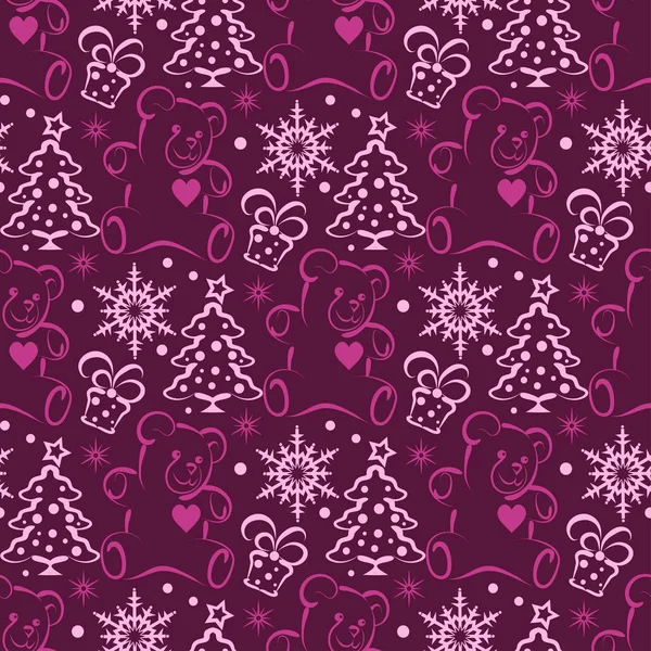 テディベア クリスマスツリー 雪の結晶 贈り物とクリスマスシームレスなパターン 紫の背景 ベクトルグラフィック — ストックベクタ