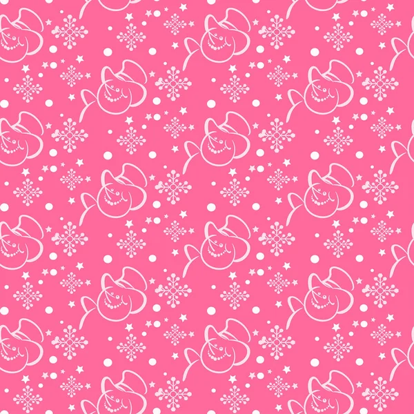 Рождественский Бесшовный Узор Снеговиком Снежинками Звездами Розовый Фон Векторная Графика — стоковый вектор