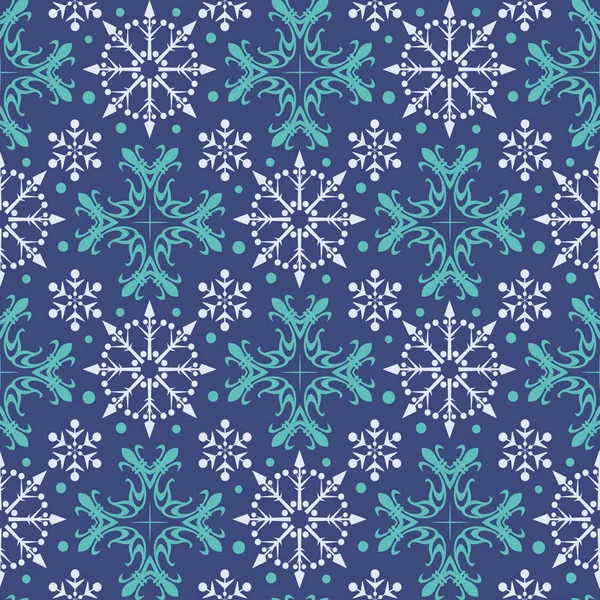 Kerst Naadloos Patroon Met Sneeuwvlokken Achtergrondpatroon Blauw Groen Wit Vectorgrafiek — Stockvector