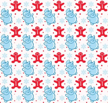 Dekoratif bir geçmiş. Noel kardan adamı, oyuncaklar ve kar taneleriyle kusursuz bir geçmişi var. Renkli desenli, beyaz, kırmızı, mavi. Vektör resmi