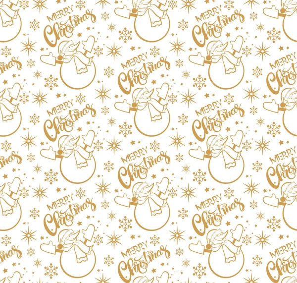 Seamless Pattern Christmas Snowman Calligraphy Inscription Merry Christmas White Background — ストックベクタ