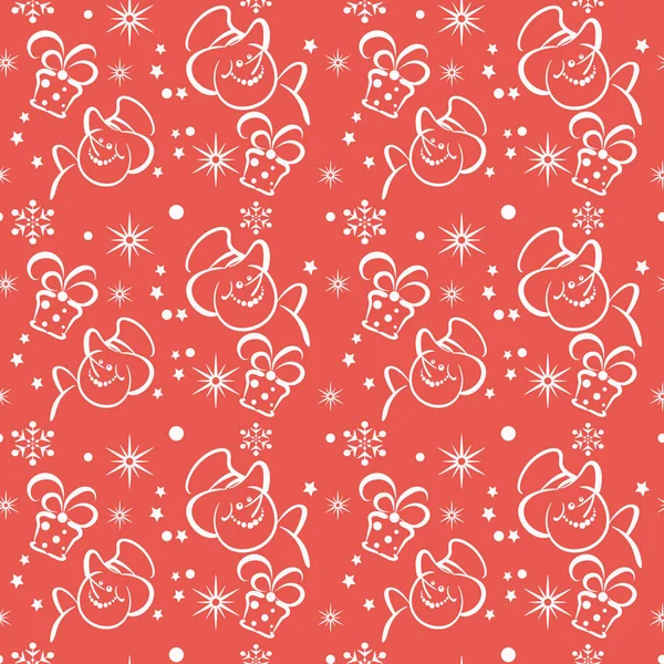 Christmas Seamless Pattern Snowman Stars Snowflakes Red Background Template Graphic — Stock Vector