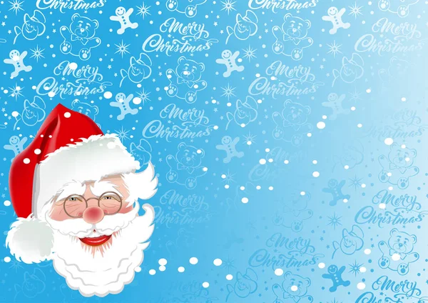 メリークリスマスと幸せな新年 サンタクロースとクリスマスカード 休日のための青い背景の碑文やおもちゃ テディベア 雪だるま 雪の結晶 コンフェッティ ベクターイラスト — ストックベクタ