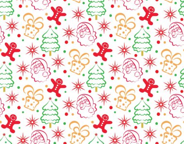 Kusursuz soyut Noel şablonu. Xmas, kış, yeni yıl konsept geçmiş modeli. Beyaz arka planda Noel ağacı, Noel Baba, hediyeler, yıldızlar, konfeti. Kutlama ambalaj kağıdı. Vektör