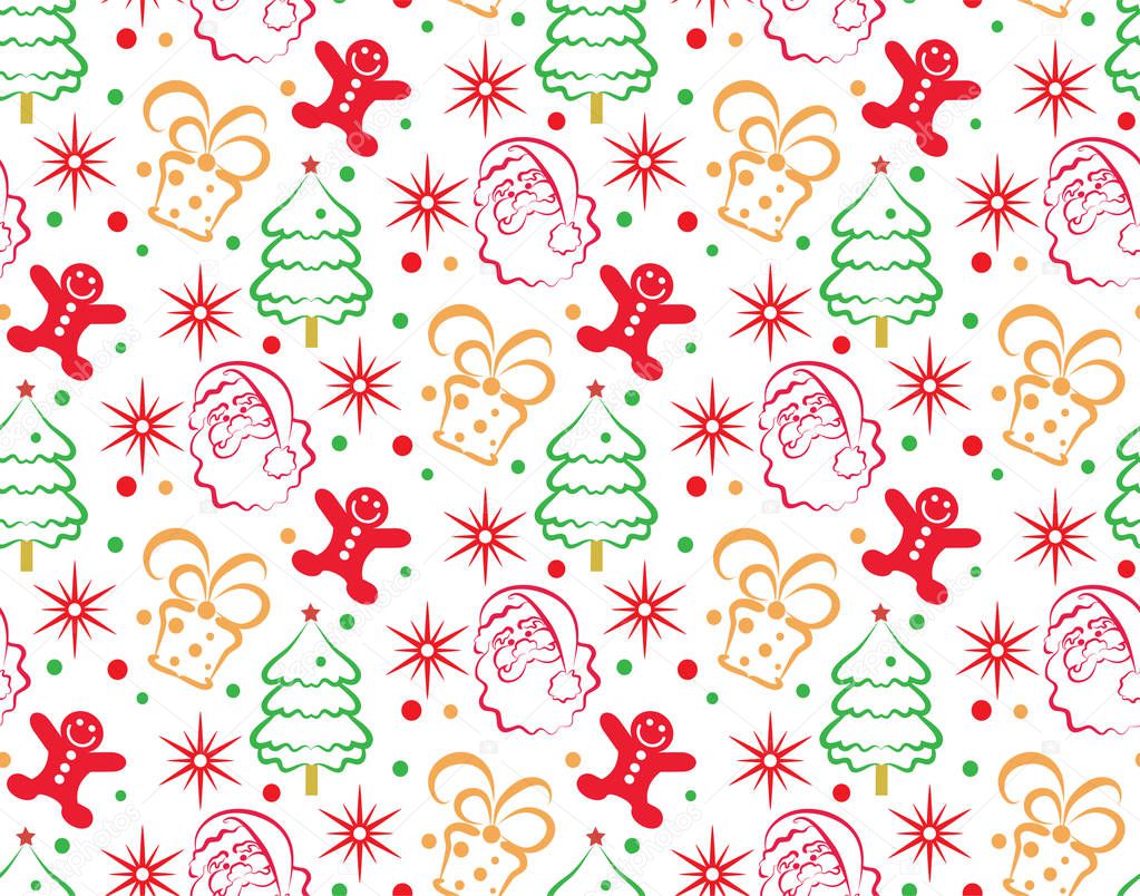 Seamless abstract Christmas pattern. Xmas, winter, new year concept background pattern. On a white background: Christmas tree, Santa Claus, gifts, stars, confetti. Festive wrapping paper. Vector