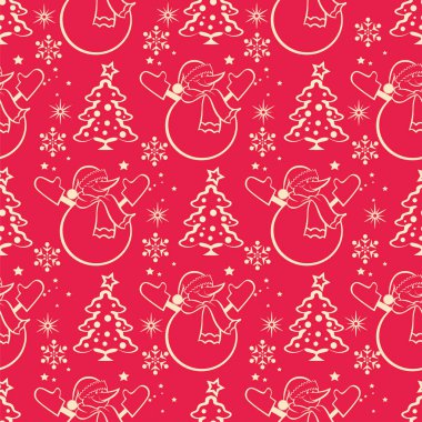 Yeni yıl ve Noel geçmişi. Kırmızı arka planda kardan adam ve Noel ağacı var. Yeni yıl kartları, afişler, afişler, davetiyeler için harika. Renkli görüntü. Vektör.