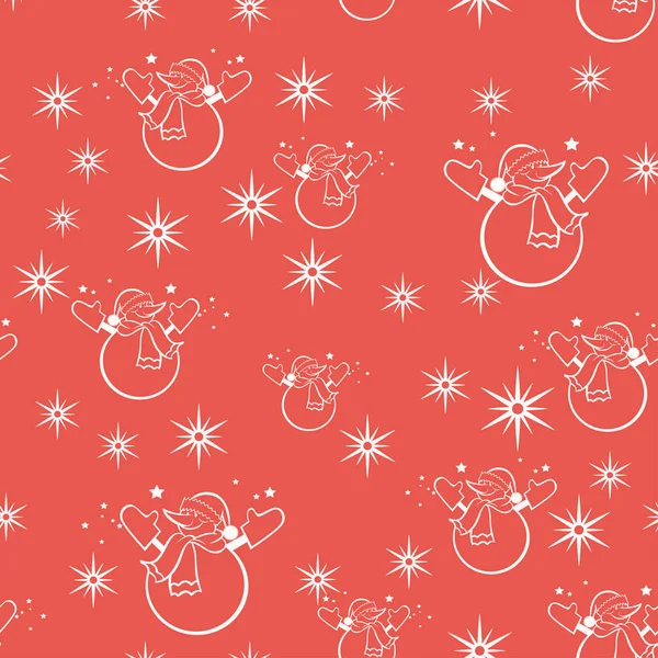 Новогодний Рождественский Фон Нежный Узор Снеговиком Красном Фоне Отлично Подходит — стоковый вектор