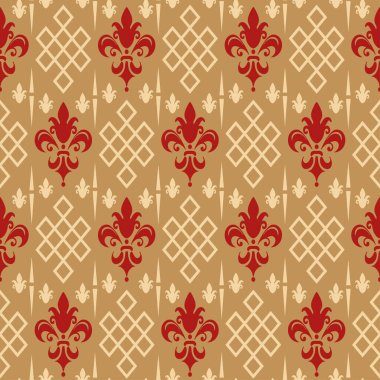 Asya tarzı. Kullanılan renkler: altın, bej, kırmızı. Duvar kağıdı dokusu. Klasik dikişsiz çiçek deseni. Vektör resim arkaplanı