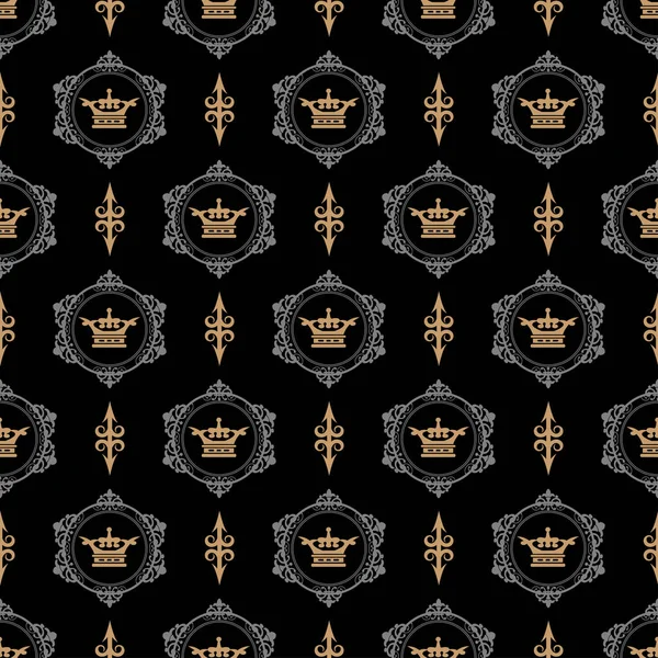 Elegante Motivo Reale Sfondo Nero Modello Senza Cuciture Texture Carta — Vettoriale Stock