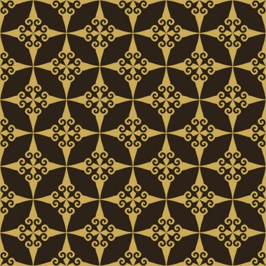  Modern arka plan modeli. Siyah zemin üzerinde altın aralıksız desen: kumaş, fayans, iç tasarım veya duvar kağıdı için. Vektör arkaplan resmi