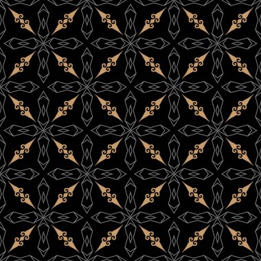 Modern arka plan modeli. Duvar kağıdının dokusu. Siyah bir zemin üzerinde zarif, pürüzsüz desen: kumaş, fayans, iç tasarım veya duvar kağıdı için. Vektör arkaplan resmi