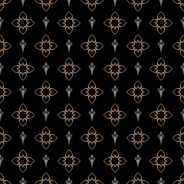 Arkaplan modeli. Lüks duvar kağıdı dokusu. Siyah üzerine altın ve gri. Kumaş, kiremit, iç tasarım ya da duvar kağıdı için kusursuz desen. Arkaplan vektör resmi