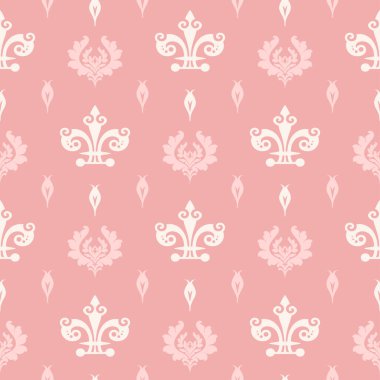Şam arkaplan modeli. Pembe ve beyaz renkler. Eski, dikişsiz duvar kağıdı dokusu. Kumaş, fayans, iç tasarım ya da duvar kağıdı için çiçek deseni. Arkaplan vektör resmi