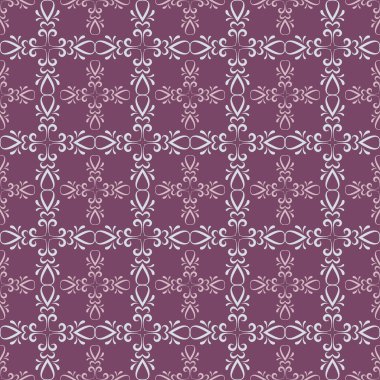 Damask pürüzsüz desen, duvar kağıdı dokusu, zarif arkaplan deseni. Mor ve beyaz renkler. Örnek şablon. Kumaşlar, kapaklar, posterler, duvar kağıtları için. Vektör arkaplan resmi